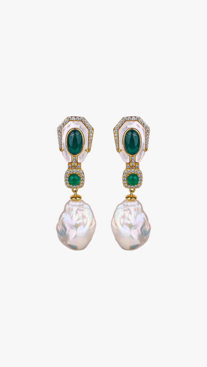 925 Silver Green Onyx Baroque Pearl Cocktail Earrings