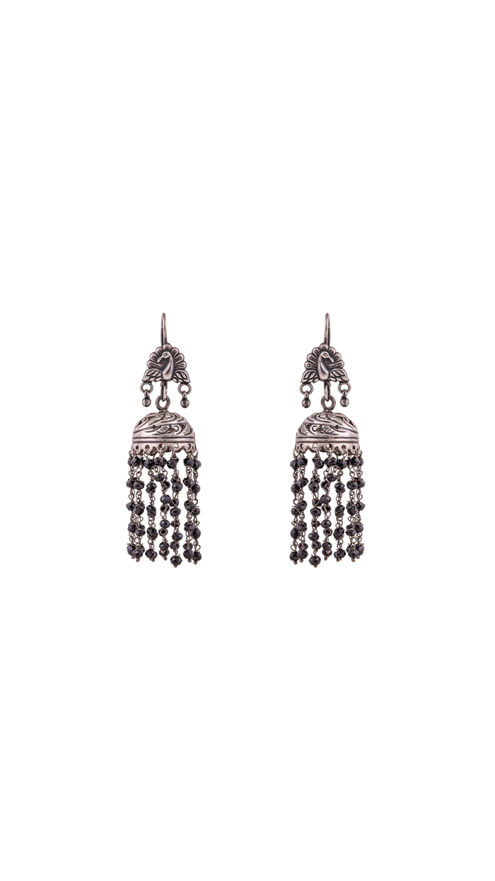 Tribal Oxidized Silver Peacock Black Bead Jhumka Earrings