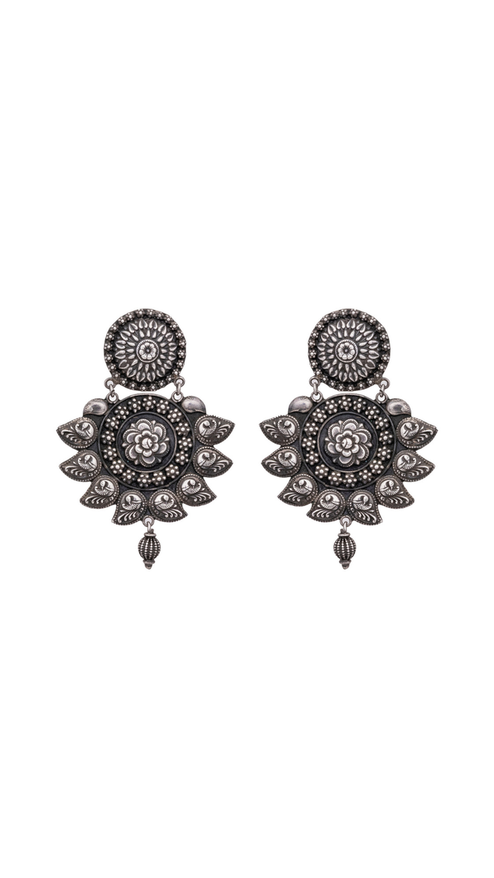 Heritage Oxidized Silver Floral Bird Motif Statement Earrings