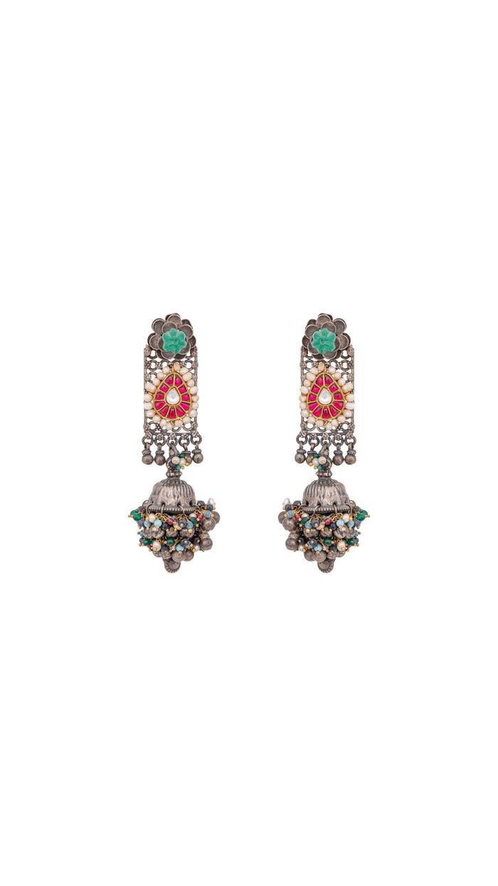 Oxidized Silver Multicolored Gemstone Long Jhumka Earrings