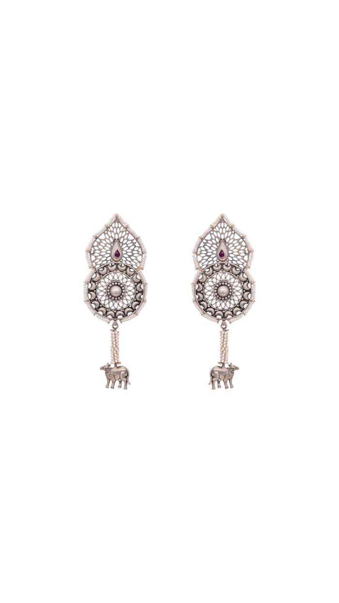 Sacred Cow Motif Oxidized Silver Mandala Long Earrings