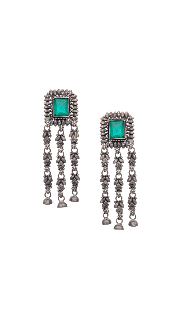Emerald Green Stone Oxidized Silver Long Chandelier Earrings