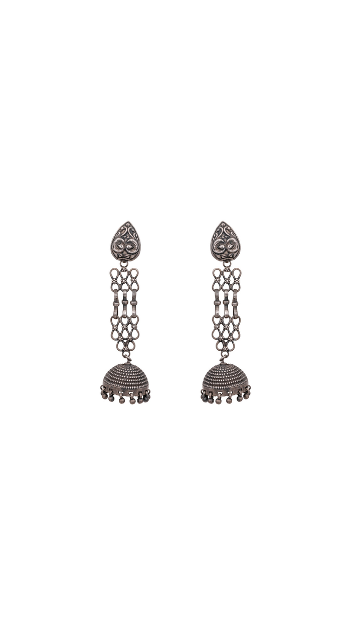 Tribal Oxidized Silver Owl Motif Long Jhumka Earrings