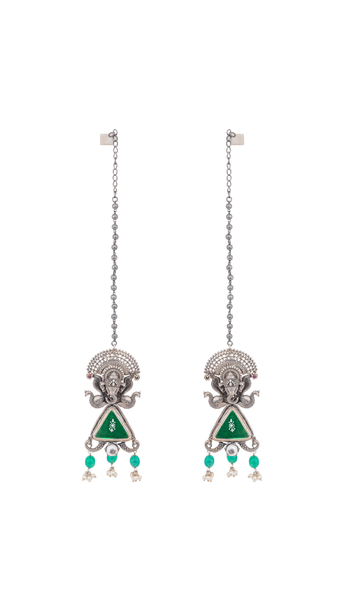 Royal Lord Ganesha Green Enamel Ear-Chain Danglers