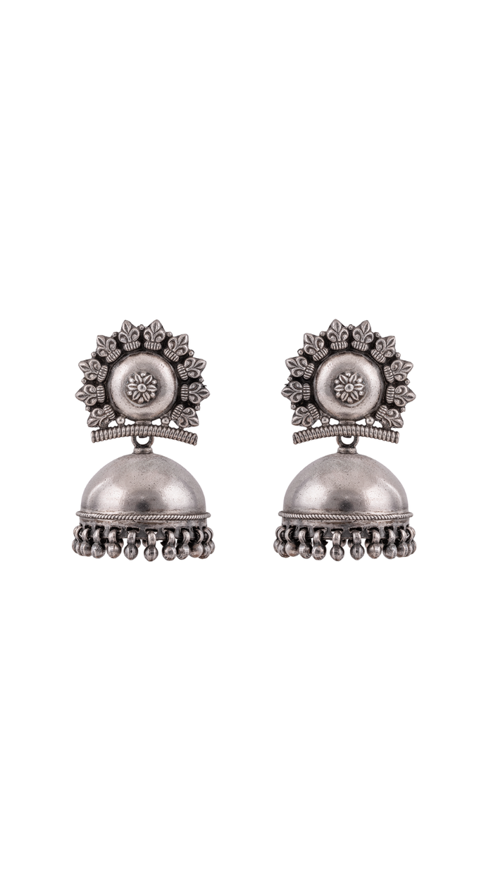 Vintage Oxidized Silver Fleur-de-Lis Jhumka Earrings
