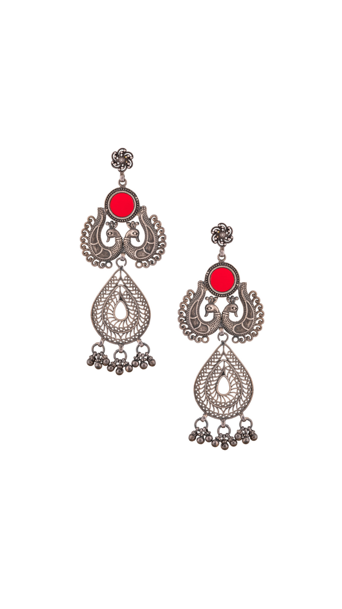 Oxidized Silver Red Stone Peacock Chandelier Earrings