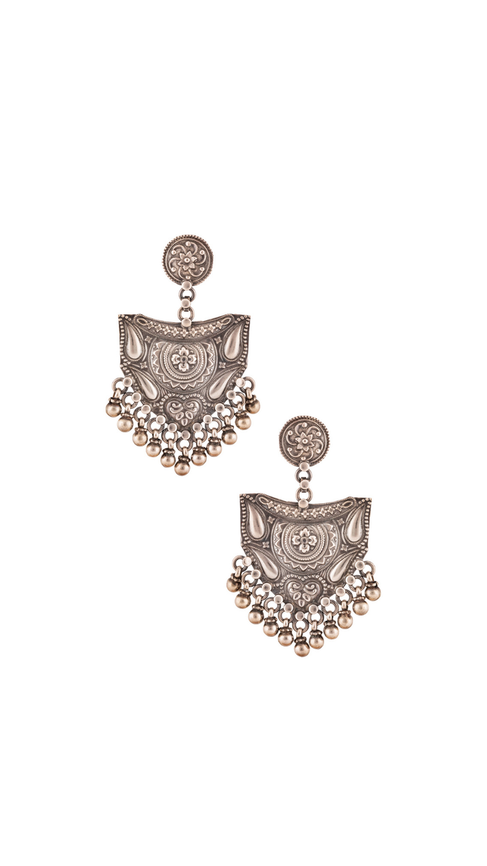 Heritage Oxidized Silver Fan Shape Chandelier Danglers