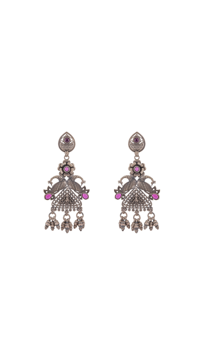 Royal Oxidized Silver Pink Stone Peacock Chandelier Earrings