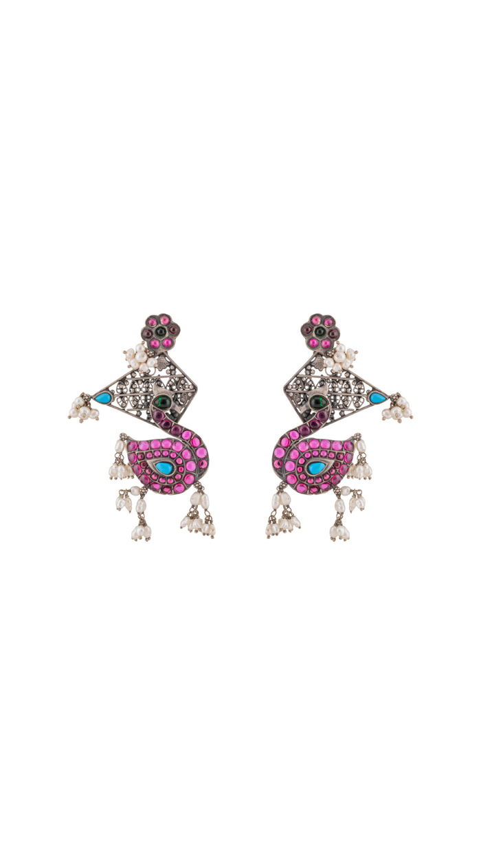 Royal Peacock Oxidized Silver Pink Stone and Pearl Earrings