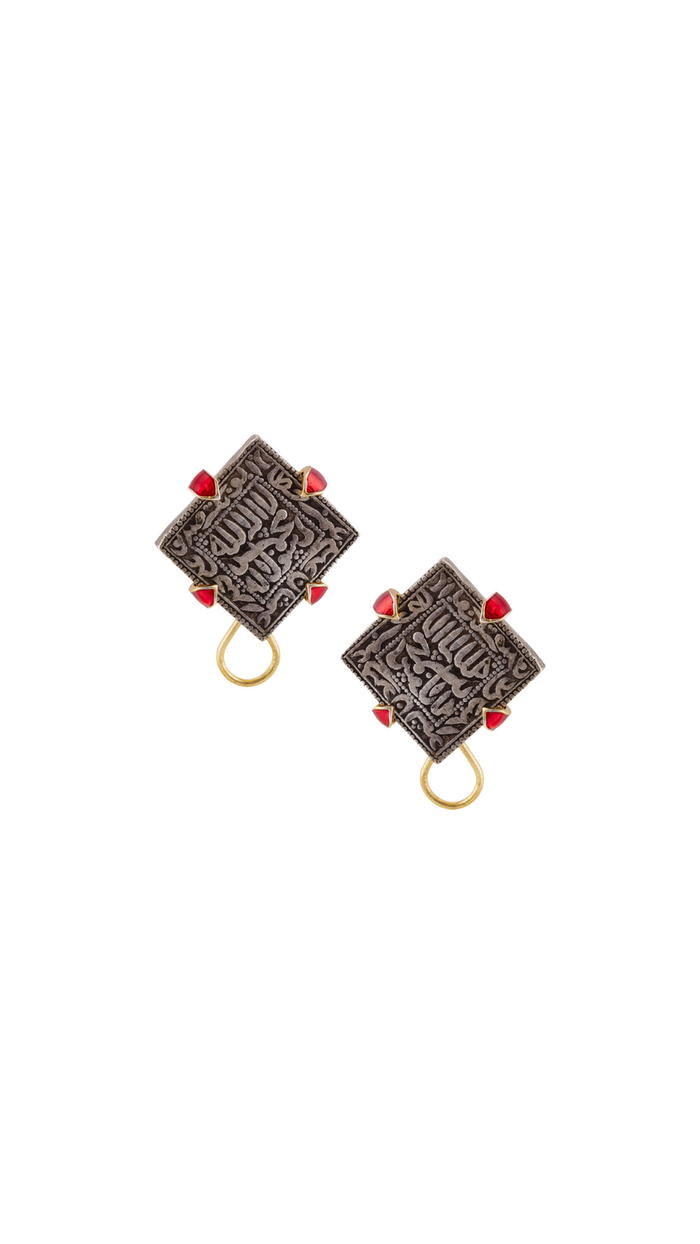 Antique Sterling Silver Square Coin Stud Earrings with Red Accents