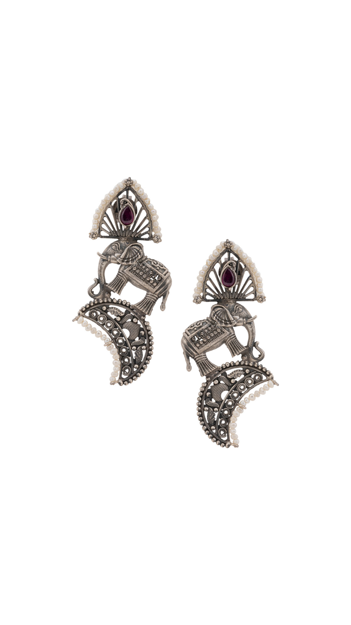 Heritage Oxidized Silver Elephant and Pearl Drop Earrings