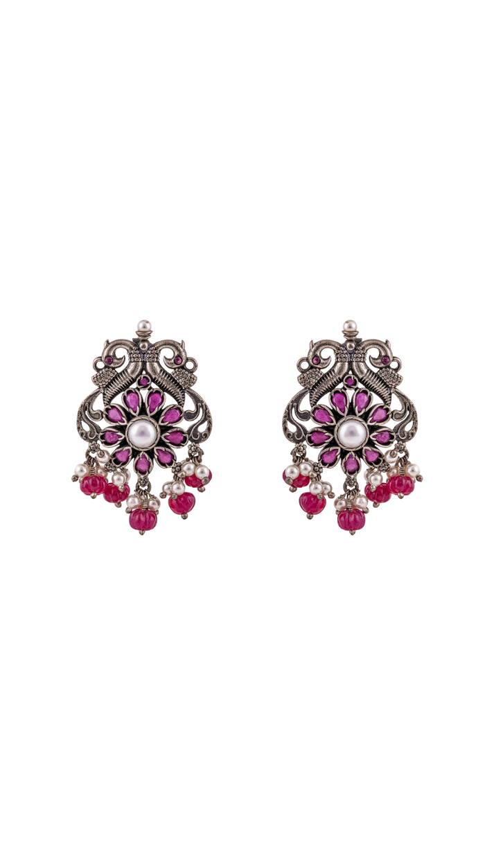 Royal Oxidized Silver Pink and Pearl Chandbali Earrings