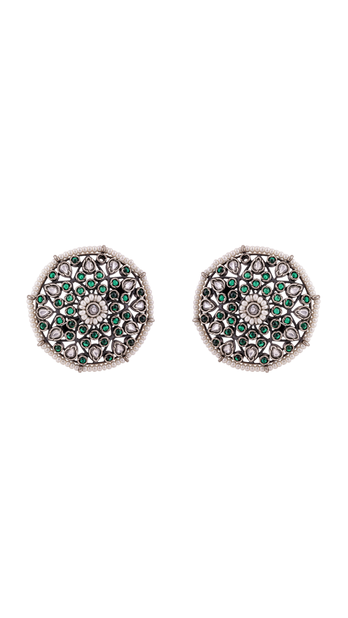 Round Silver Green Stone & Pearl Earrings