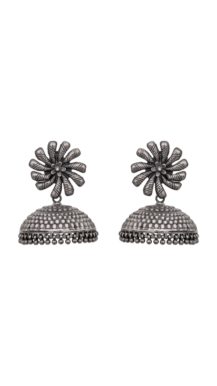Vintage Oxidized Silver Pinwheel Textured Jhumka Earrings