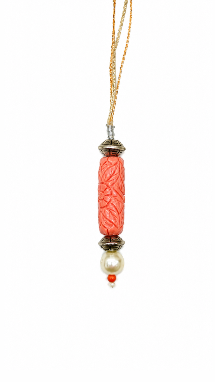 Carved Coral & Pearl Designer Silver Lumba Rakhi