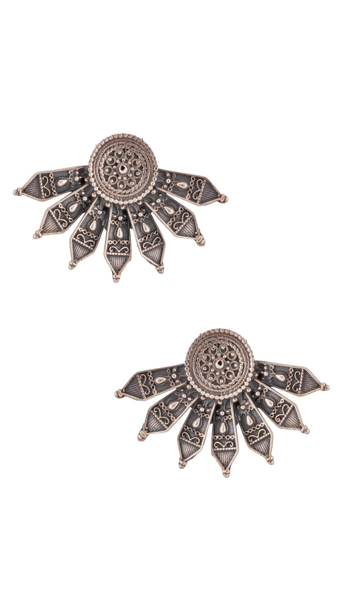 Vintage Oxidized Silver Sunburst Fan Earrings