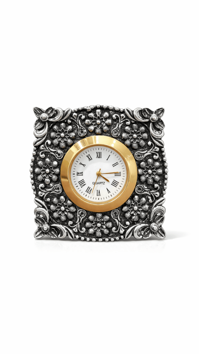 Ornate Floral Silver Desk Clock