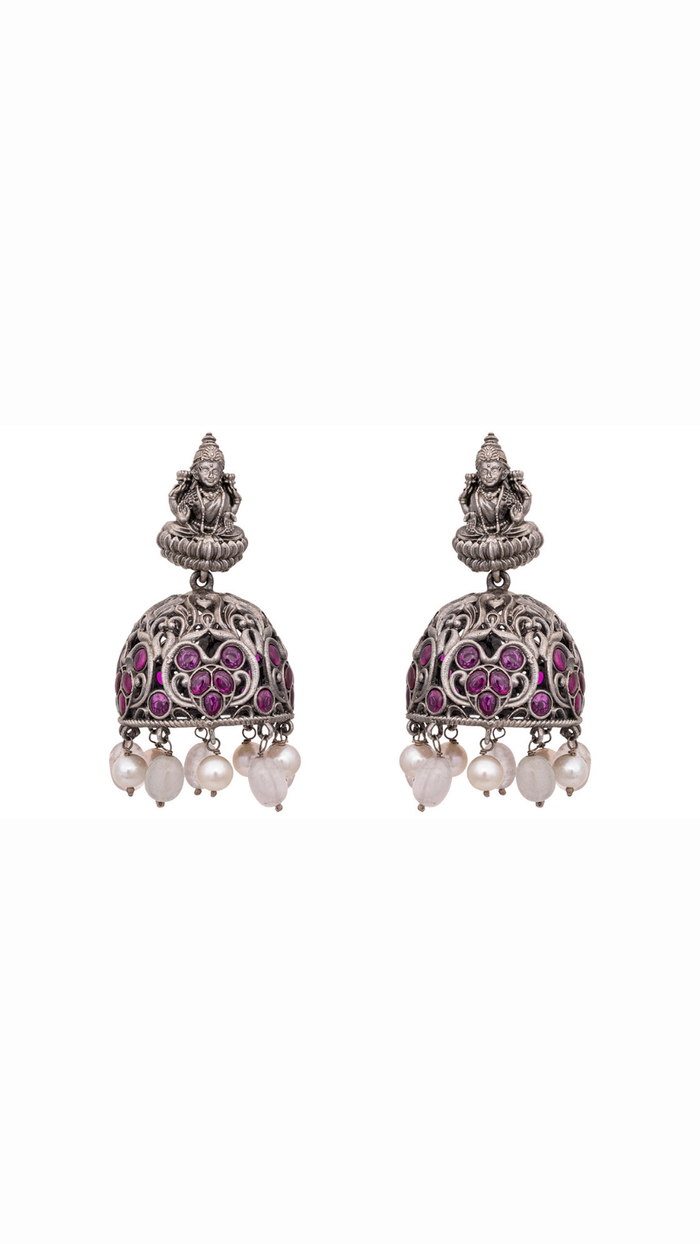 Goddess Lakshmi Traditional Silver Jhumkas