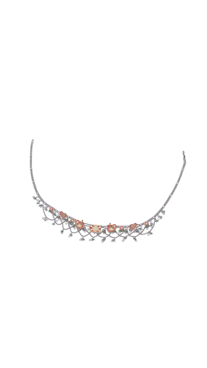 Traditional Floral Kundan Silver Waist Belt