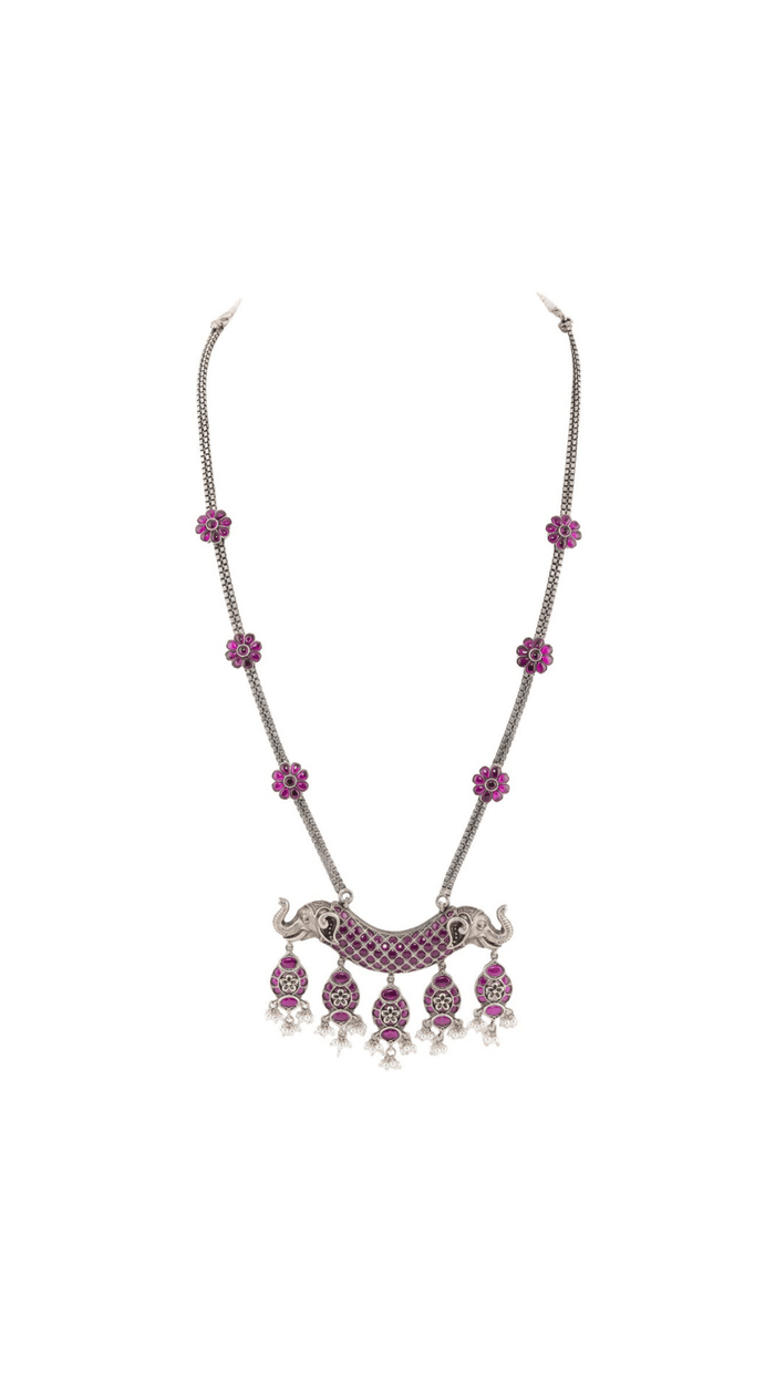 Oxidized Silver Elephant Motif Long Necklace