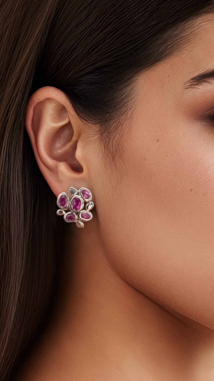 Pink Stone Silver Stud Earrings