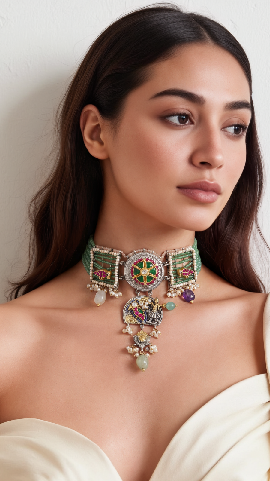 925 Silver Necklace with Colorful Gems Accents