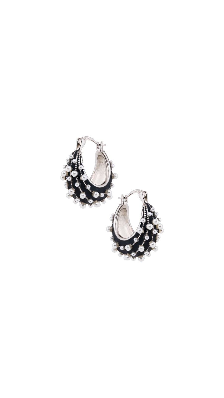 Black Enamel & Pearl Silver Hoops