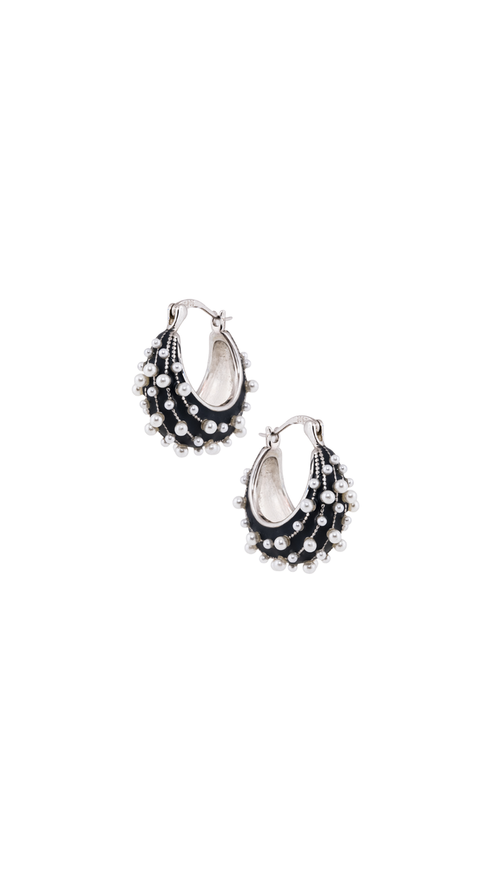 Black Enamel & Pearl Silver Hoops
