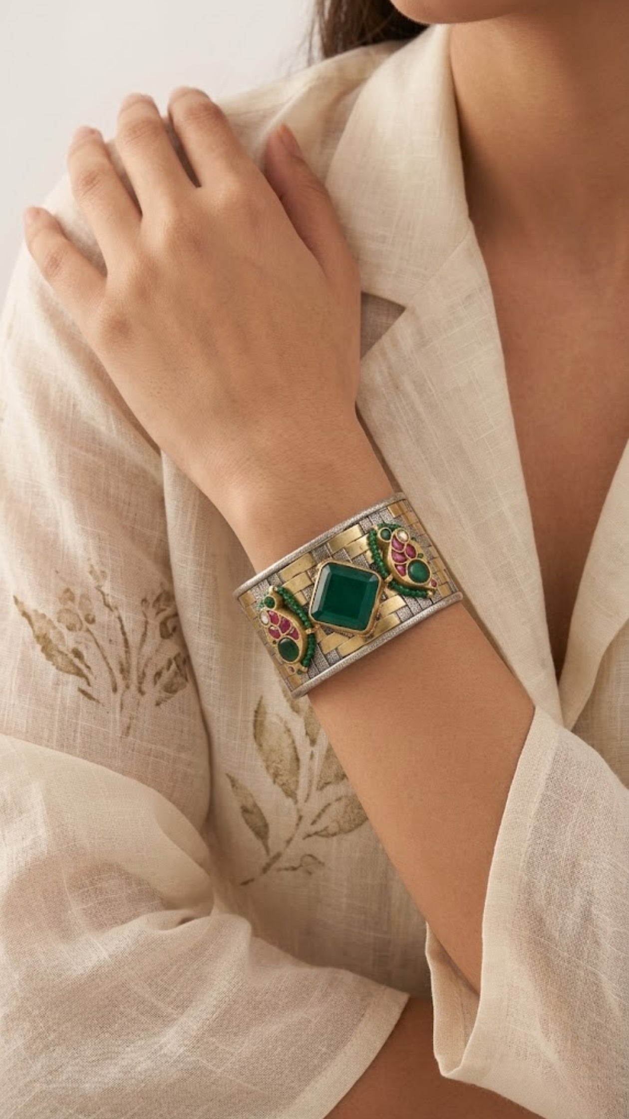 AJB Silver Arte: Two-Tone Emerald & Ruby 925 Silver Cuff