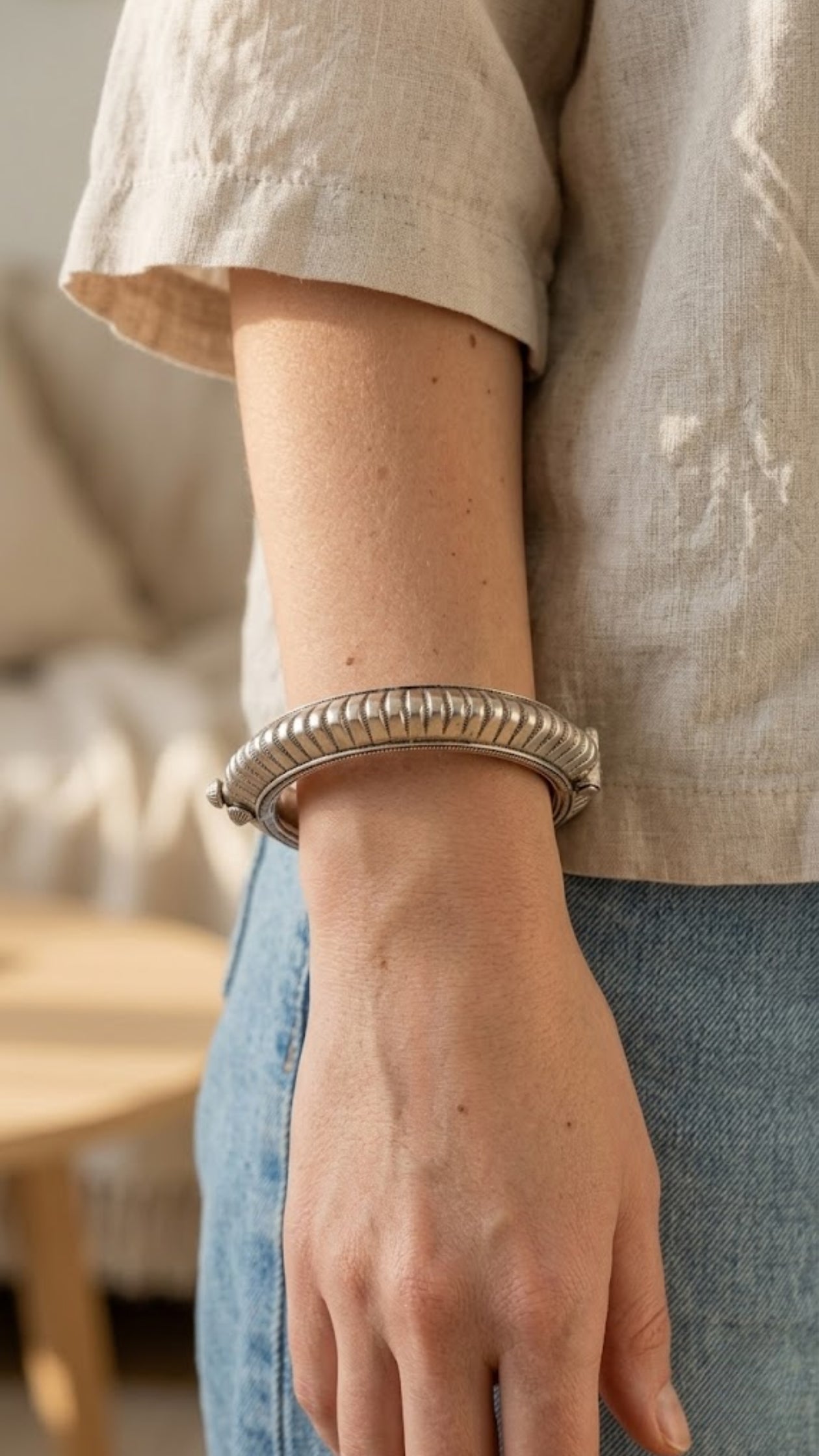 Ribbed Antique Finish 925 Silver Bangle
