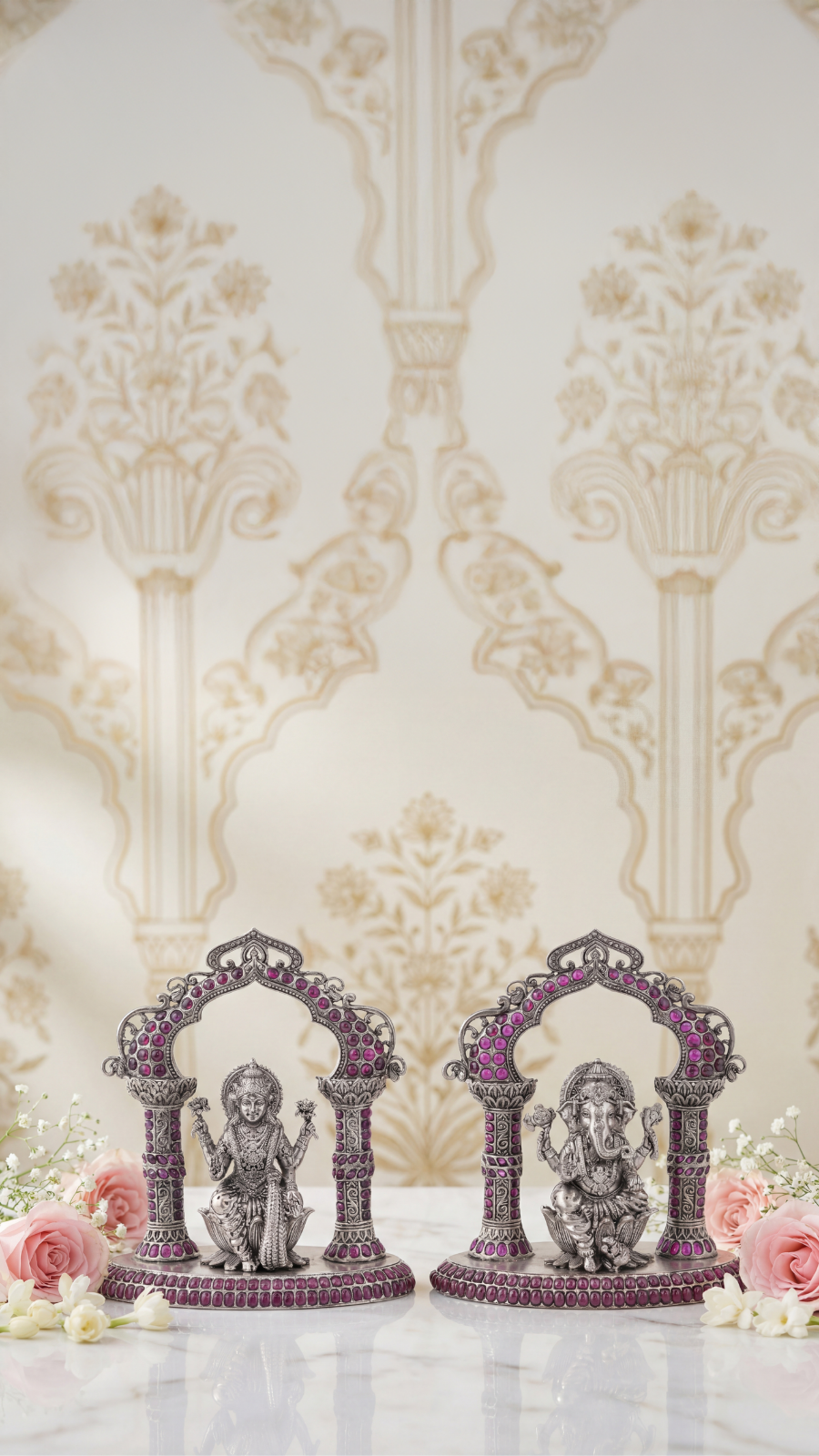 925 Silver Lakshmi Ganesha Set with Ruby Accents