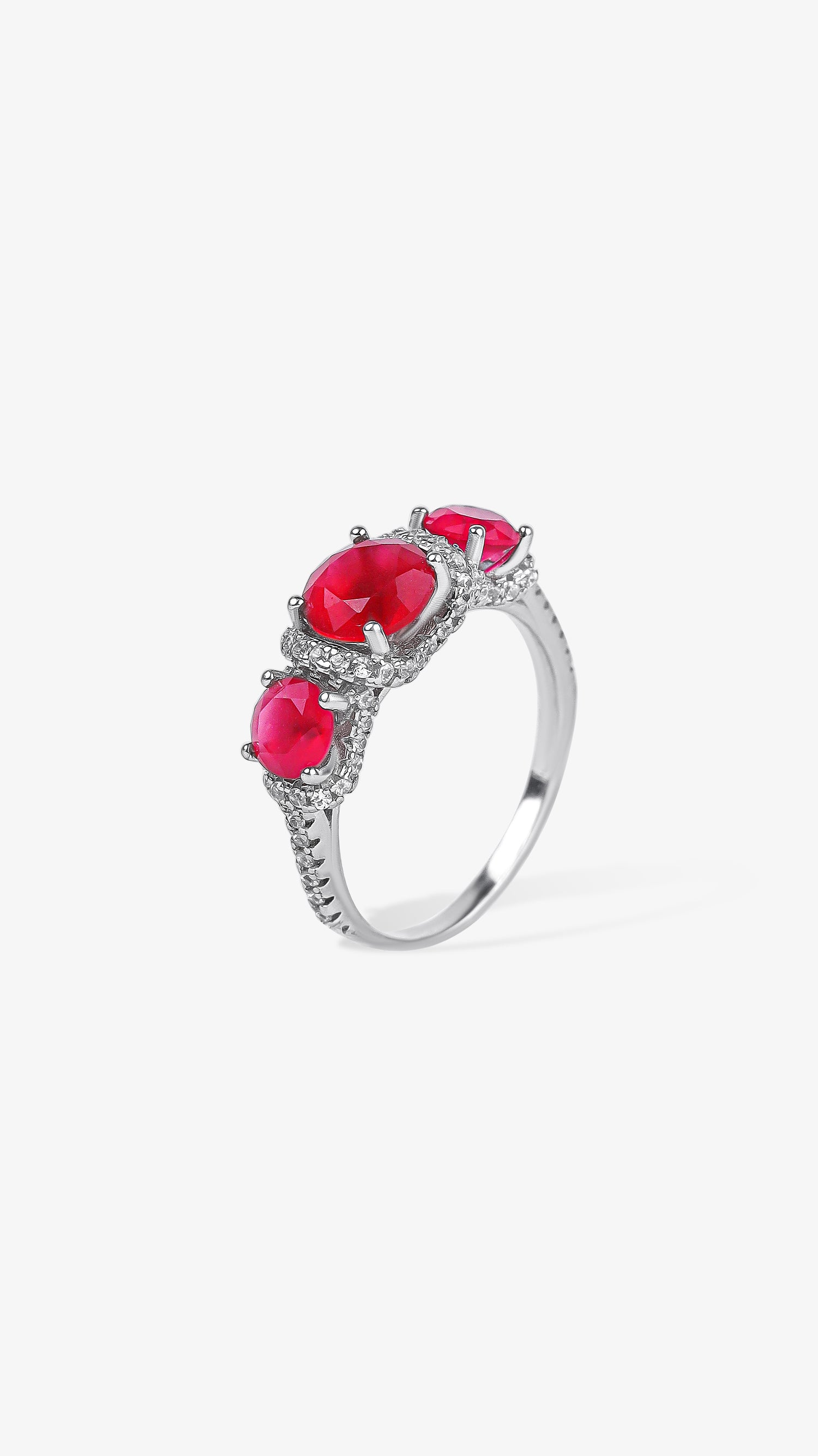 Triple Ruby-Hue Semi-Precious 925 Silver Ring