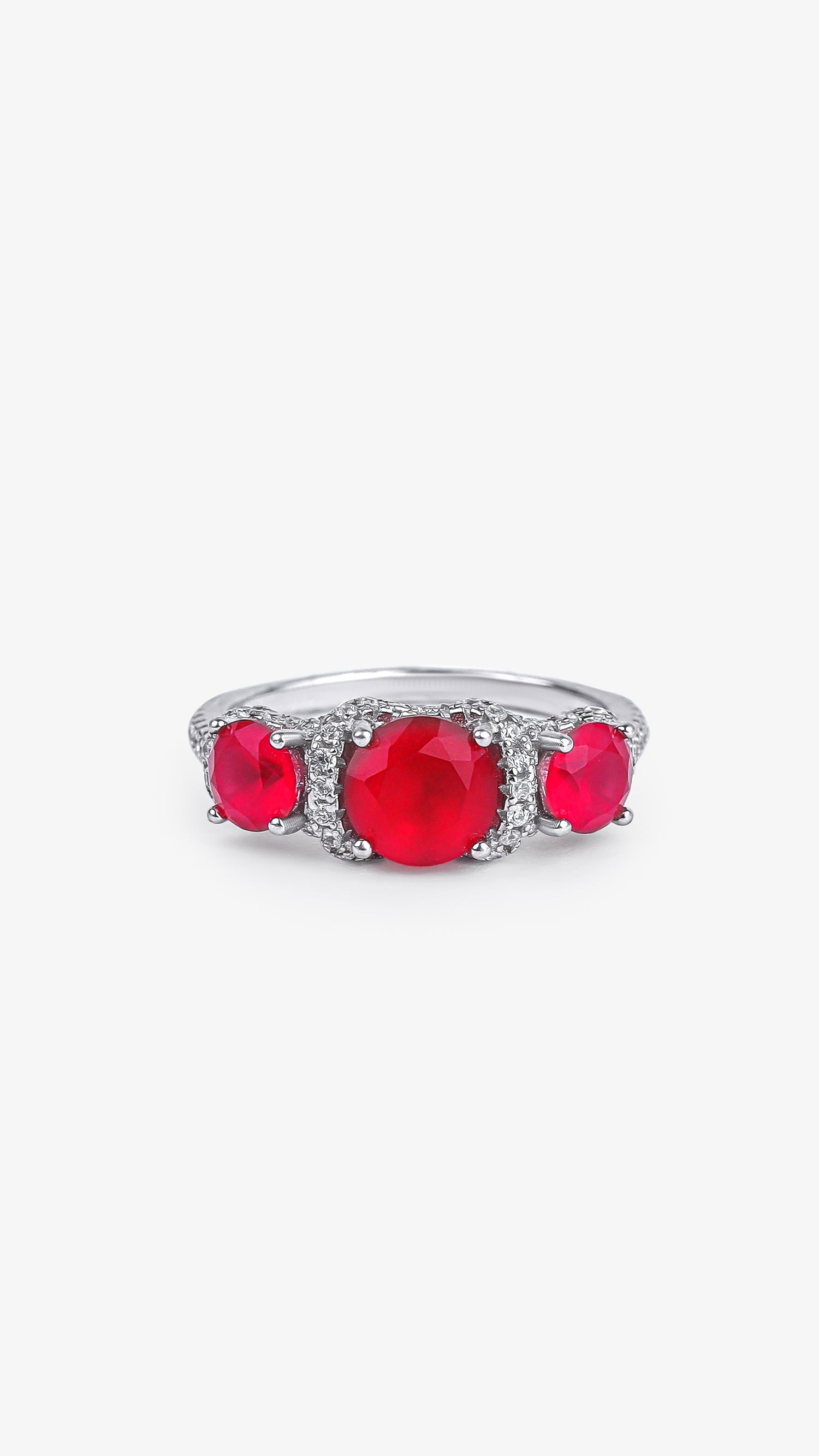 Triple Ruby-Hue Semi-Precious 925 Silver Ring