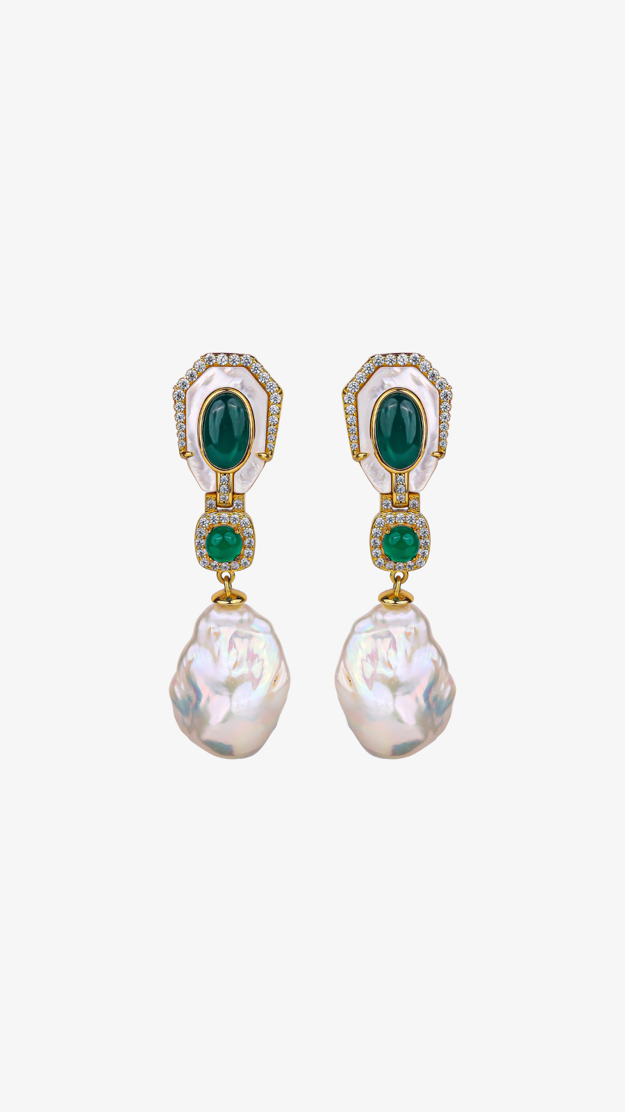 925 Silver Green Onyx Baroque Pearl Cocktail Earrings