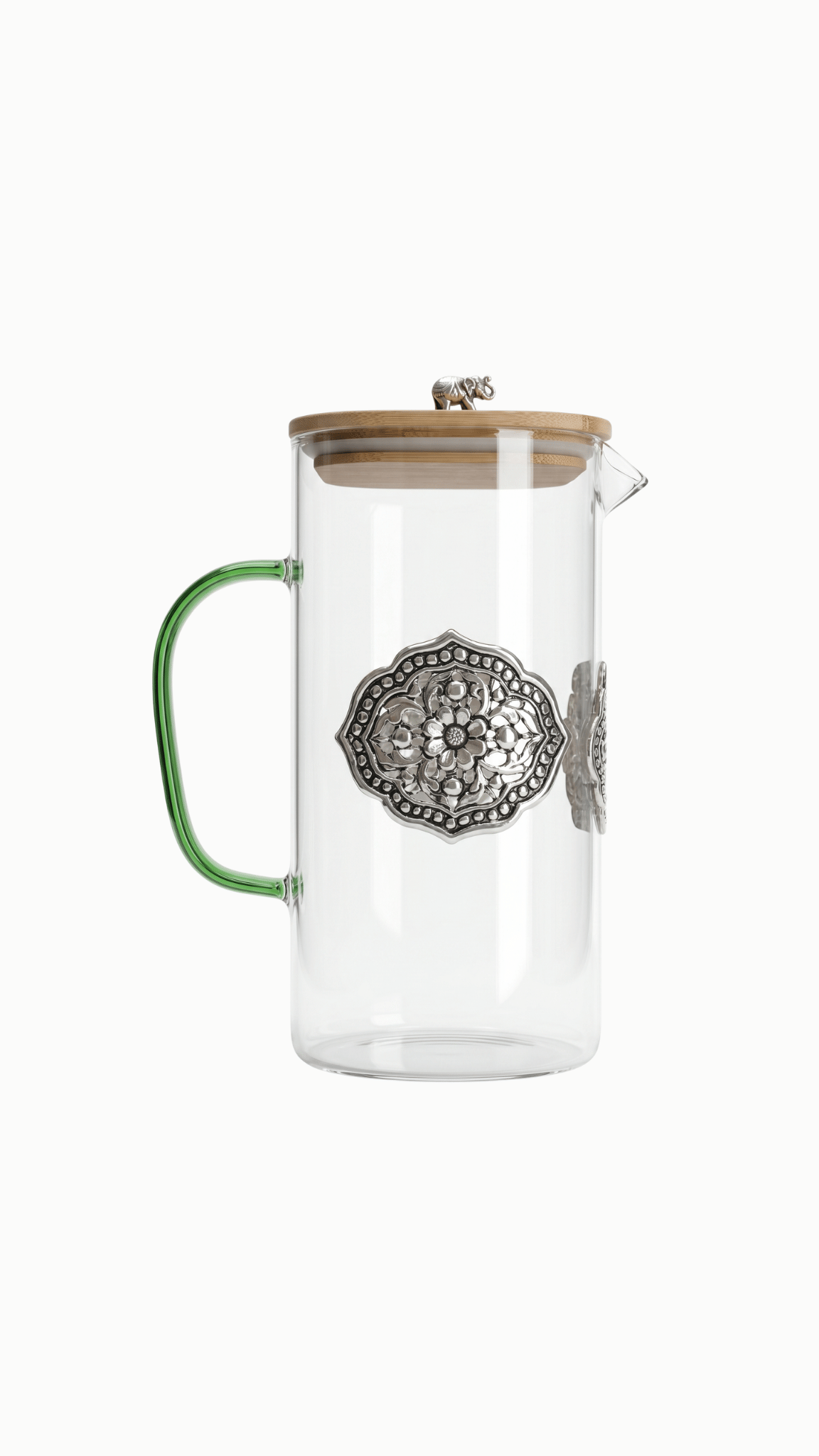 925 Silver Glass Jug with Green Handle & Elephant Lid