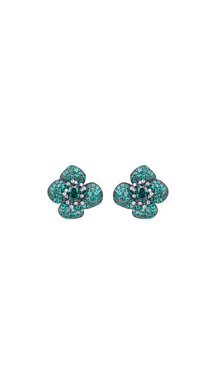 Emerald Green Floral Crystal 925 Silver Stud Earrings for Women
