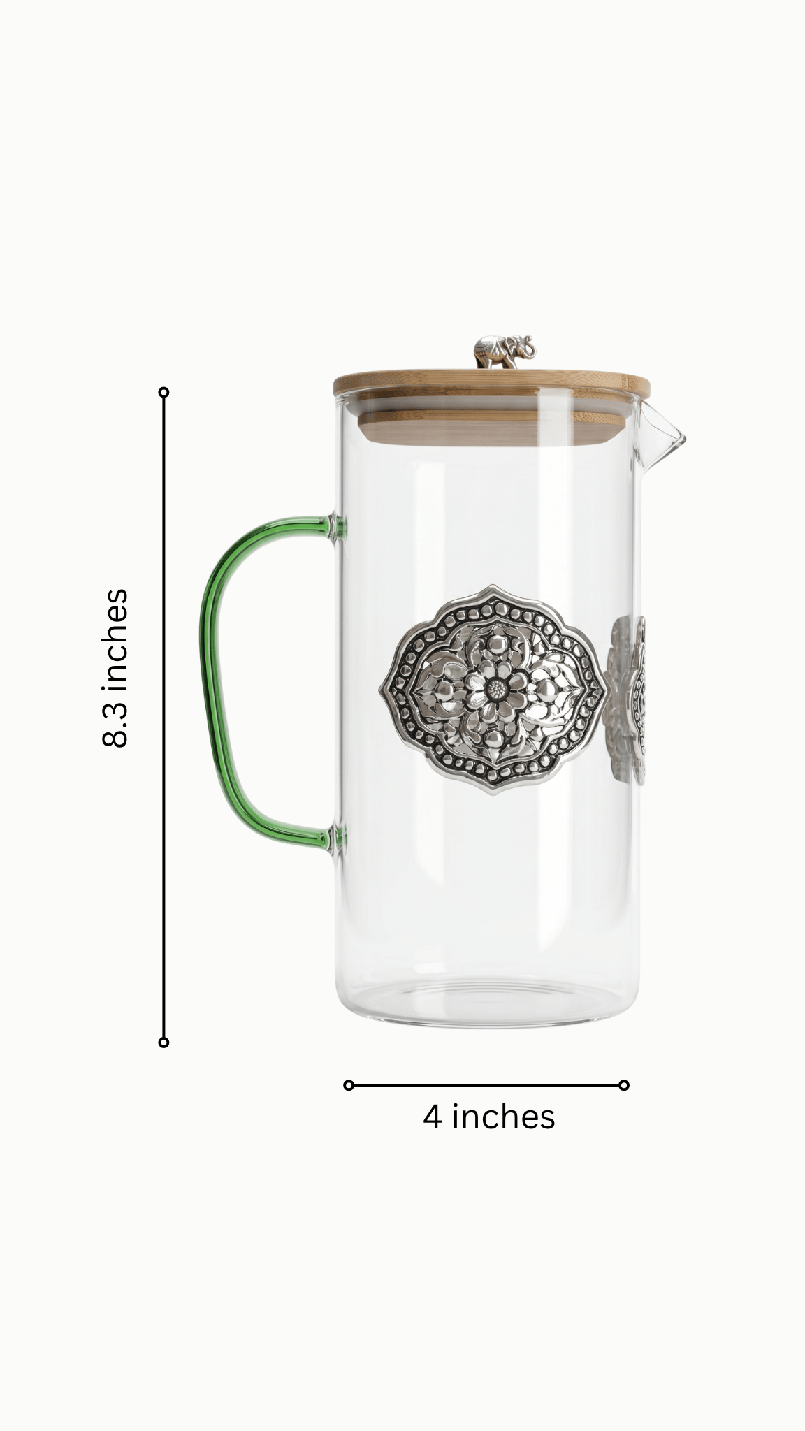 925 Silver Glass Jug with Green Handle & Elephant Lid