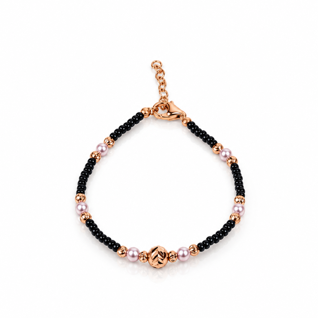 925 Silver Baby Nazariya Bracelet with Black Beads & Pink Pearls