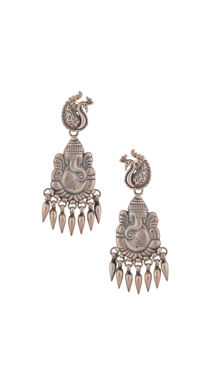 Peacock & Ganesha Silver Earrings