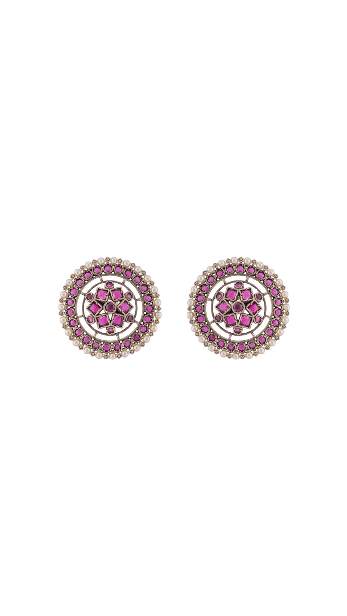 Pink Stone Pearl Stud Earrings