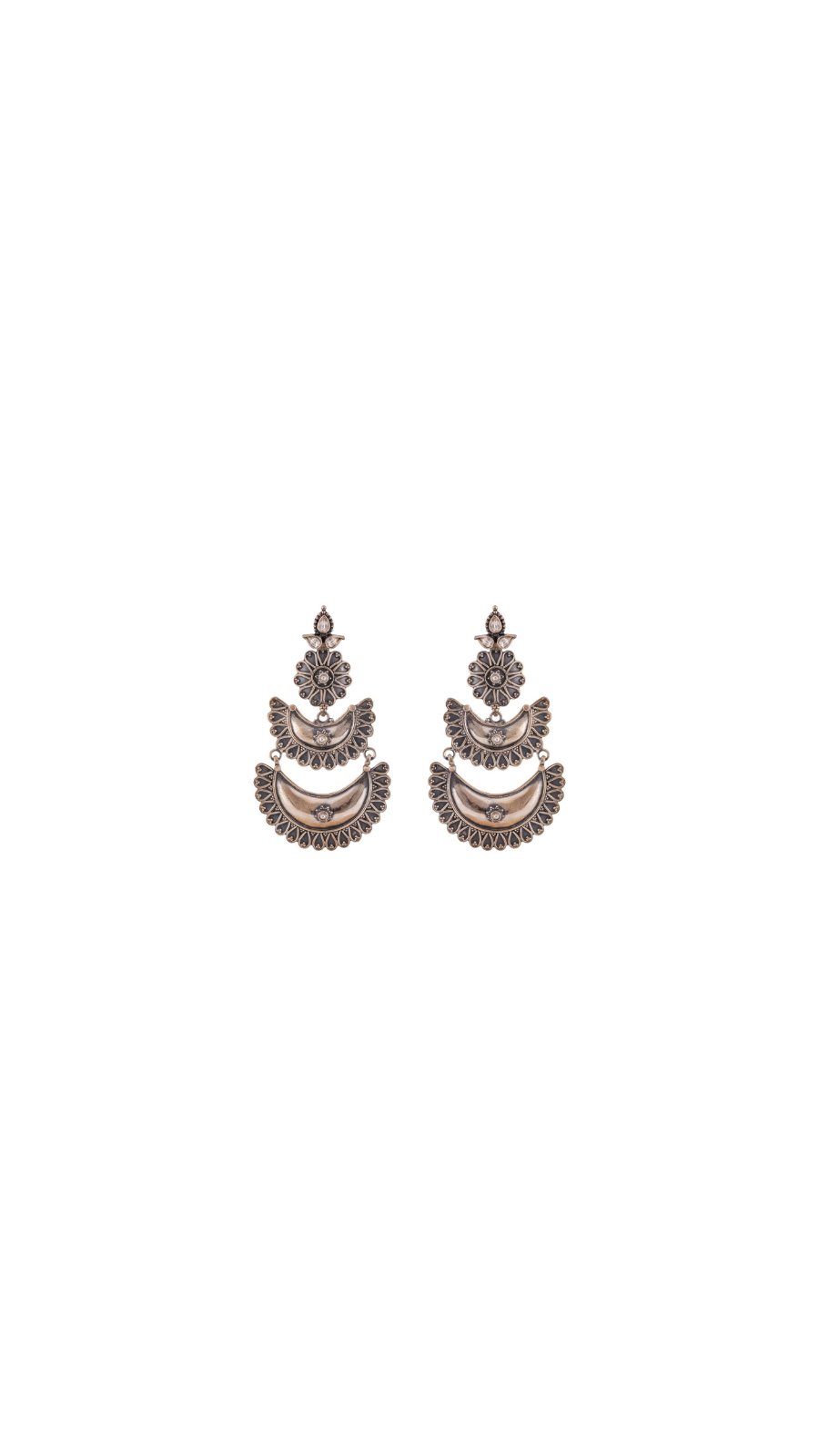 Dual Crescent Floral Silver Earrings