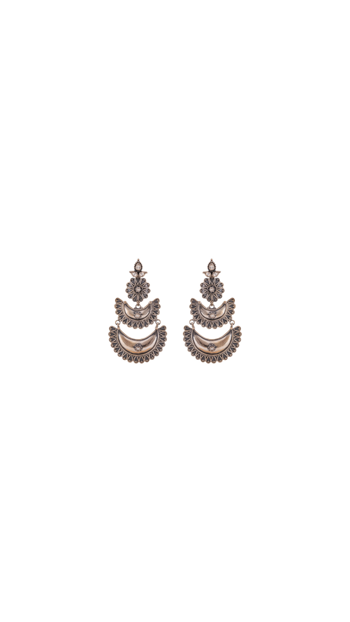 Dual Crescent Floral Silver Earrings