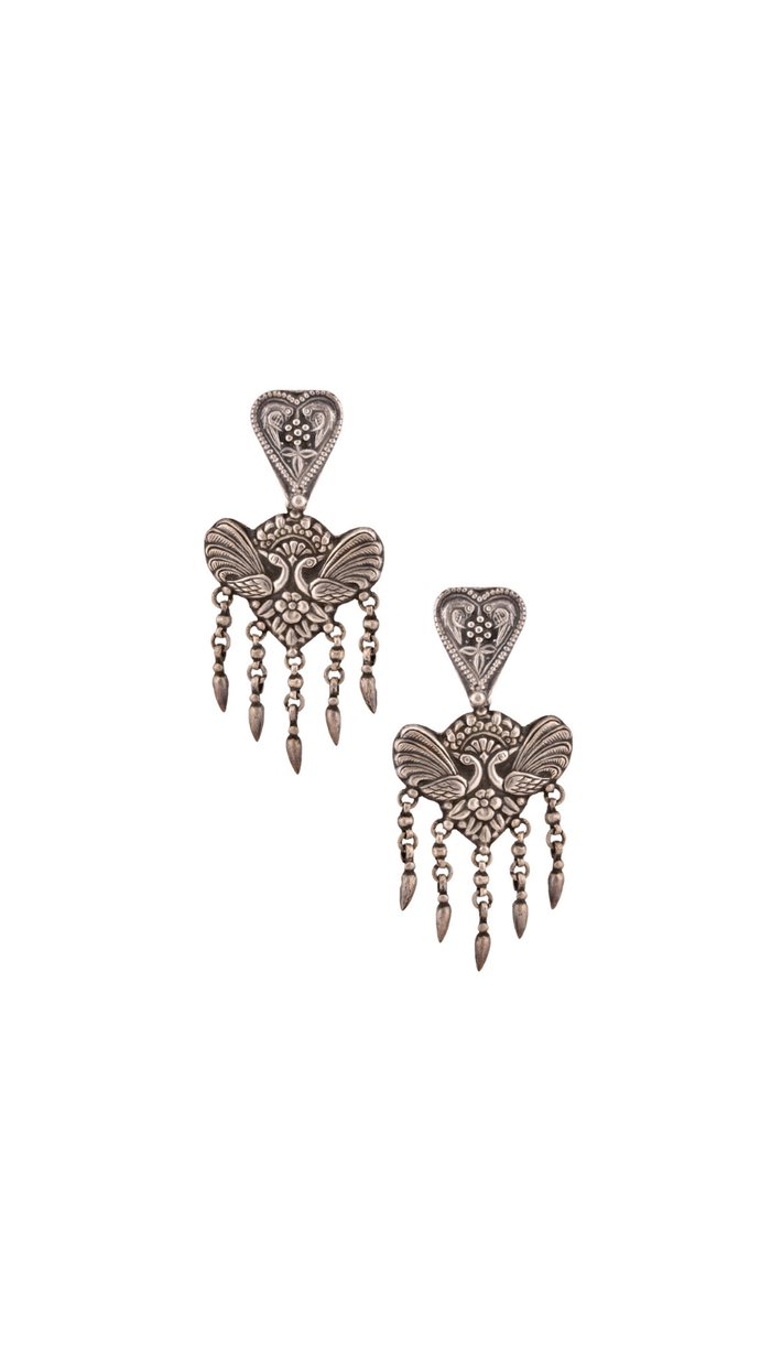 Twin Swan Heart Silver Earrings