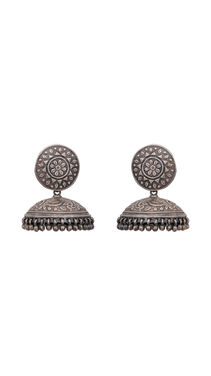 Antique Oxidized Silver Floral Mandala Jhumka Earrings