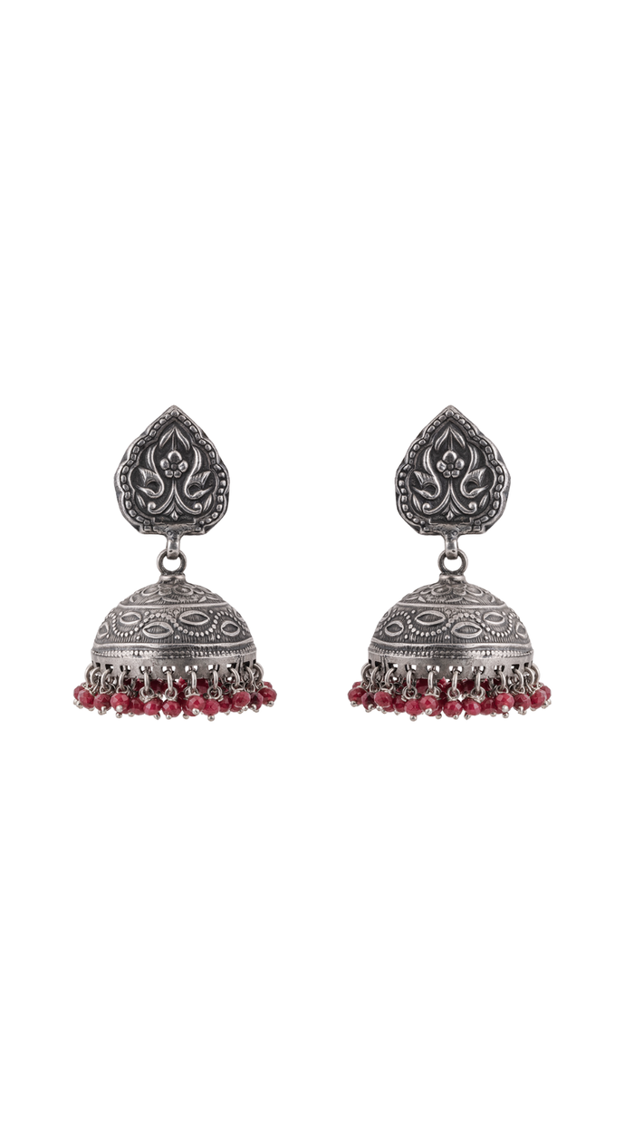 Vintage Oxidized Silver Red Bead Accent Jhumka Earrings
