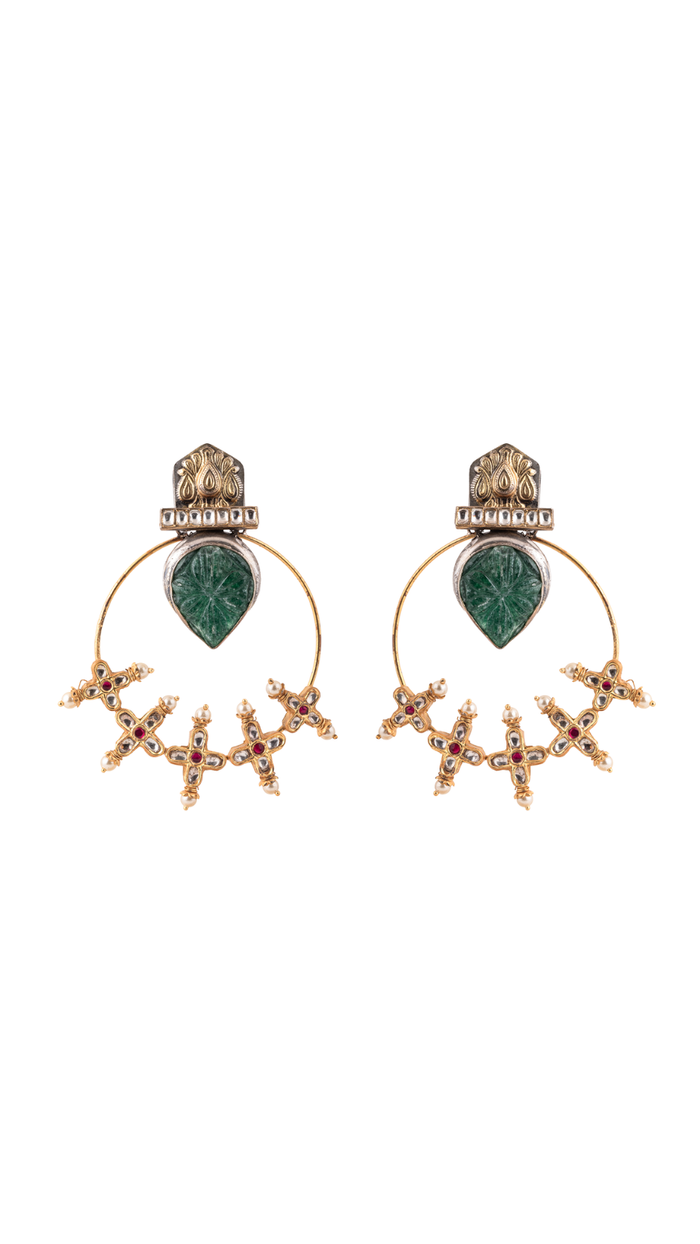 Carved Emerald Glass and Kundan Hoop Chandbali Earrings