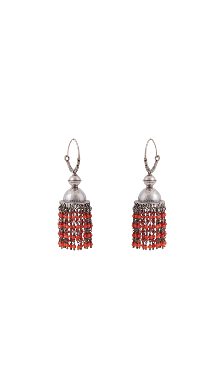 Antique Silver Coral Red Tassel Fringe Drop Earrings