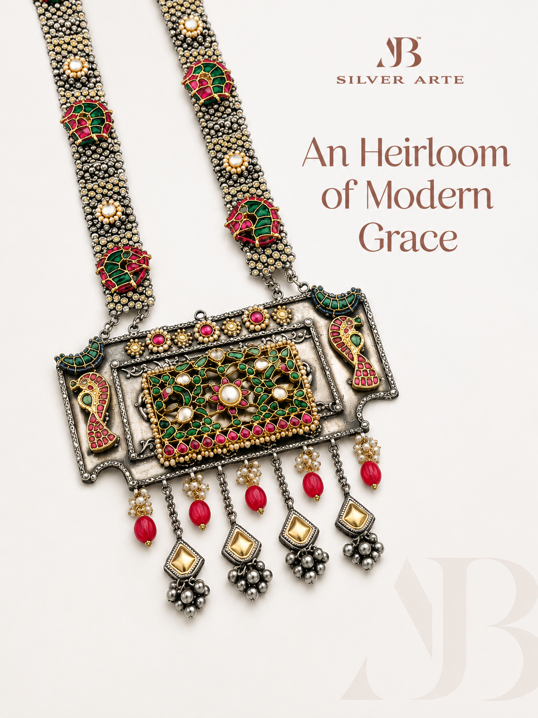 Close-up of handcrafted 925 sterling silver necklace with traditional motifs from AJB Silver Arte