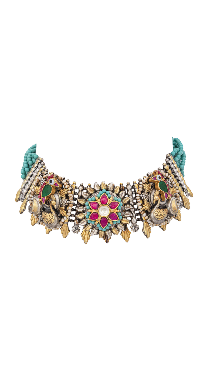 925 Silver Lotus & Peacock Choker Necklace