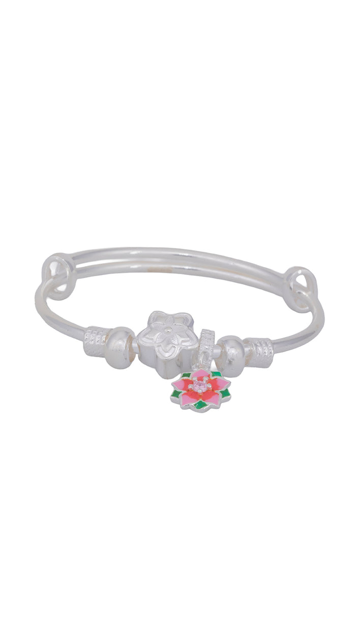 Pink Flower Charm Silver Kids Bangle